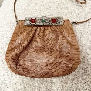 Judith Leiber Women’s Snake Print Leather Handbag Light Brown Jeweled Rhinestone